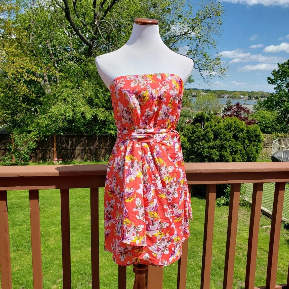 Dress Orange Red Floral Strapless Preppy EXPRESS Sz 8